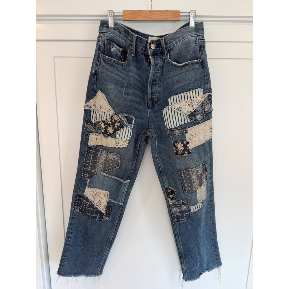 Driftwood Jordie Patchwork High Rise Straight Leg Jeans Blue Floral Paisley 27